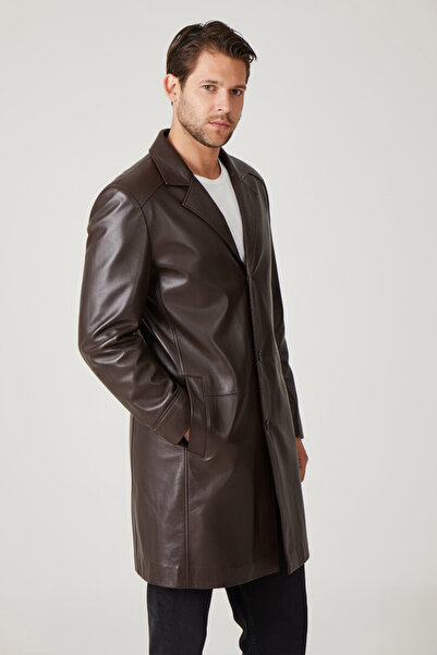 Deriderim Kahve Tarkan Düğmeli Astarlı Trençkot Erkek Hakiki Deri Kaban