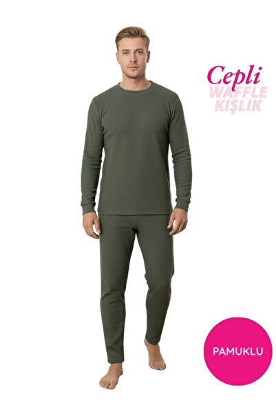 bie's Erkek Yeşil Bisiklet Yaka Düğmesiz Kışlık Waffle Pamuklu Kumaş Uzun Manşetli Kol Cepli Pijama Takımı