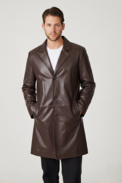 Deriderim Kahve Tarkan Düğmeli Astarlı Trençkot Erkek Hakiki Deri Kaban