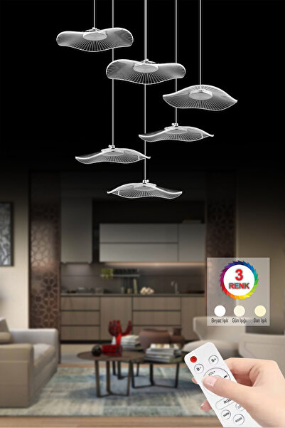 İstanbul Avize Şapka 6'lı Kumandalı Gümüş Üç Renk Led Lüx Modern Ledli Avize