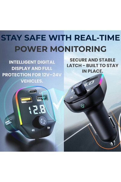 LUVLU Διαμορφωτής FM αυτοκινήτου BT 5.0, Γρήγορος φορτιστής, USB C+USB3.1A, Κιτ αυτοκινήτου handsfree, Φως RGB, Πομπός FM