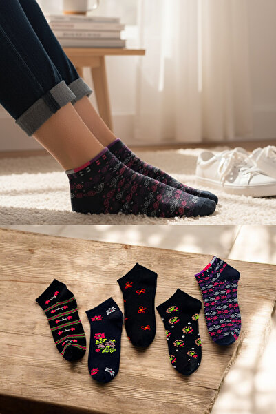 KAYS Комплект от 5 чифта дамски памучни чорапи с мотиви, дишащи, тъмни цветове