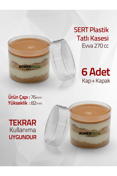 KONERPACK Plastik Tatlı Kasesi - Evva270cc - 6 Adet Kap Kapak Takım