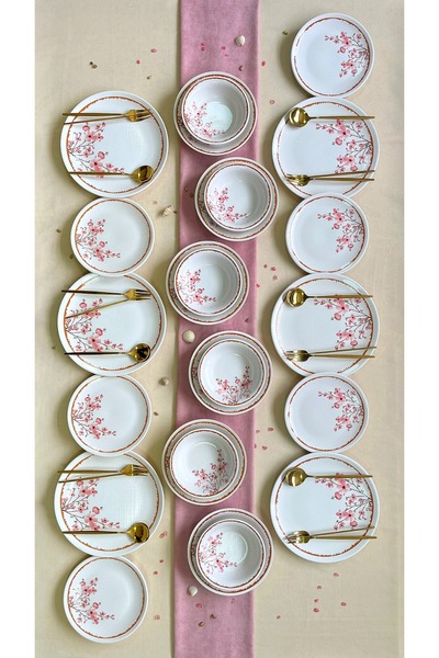 Erbaşlar Sakura Çiceği Lüx Seramik 24 Parça Yemek Takımı, 6 Kişilik Yemek Takımı
