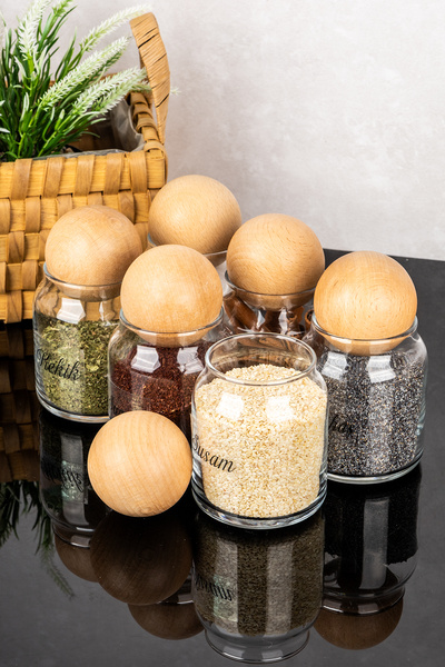 DNS HOME 6 Pcs Ball Lid Glass Jar Spice Jar Transparent Labeled Storage Container Spice Jar Set 300ml