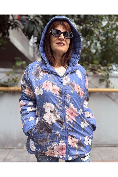 DenizEge Palton scurt italian cu flori pe două fețe, albastru