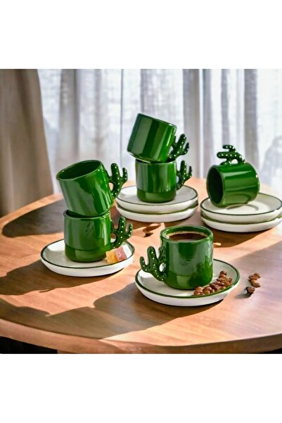 PAPİSAHOME Kaktüs El Yapımı Türk Kahvesi, Espresso Fincanı Yeşil 6 Adet 110 ml
