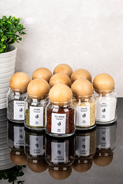 dnshome 9'lu Ahşap Top Kapaklı Cam Baharatlık Seti Etiketli Cam Kavanoz Seti ...