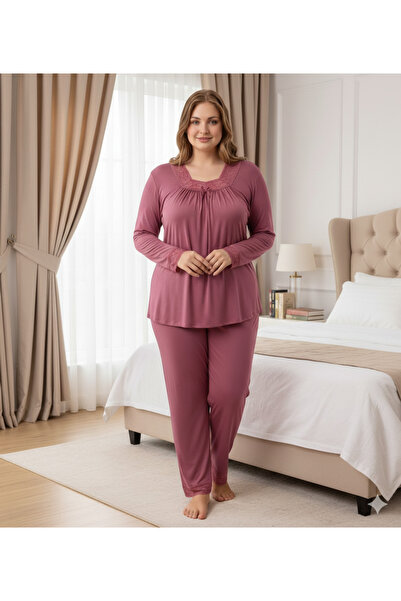Miss Meryem Gül Kurusu Ring Viskon Uzun Kol Büyük Beden Pijama Takım