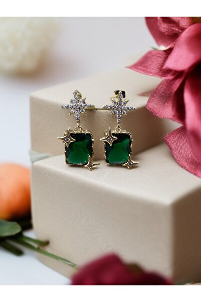 FAYRA ACCESSORIES Zirkon Taşlı Kuzey Yıldızı Yeşil Kristal Taşlı Altın Kaplama Küpe