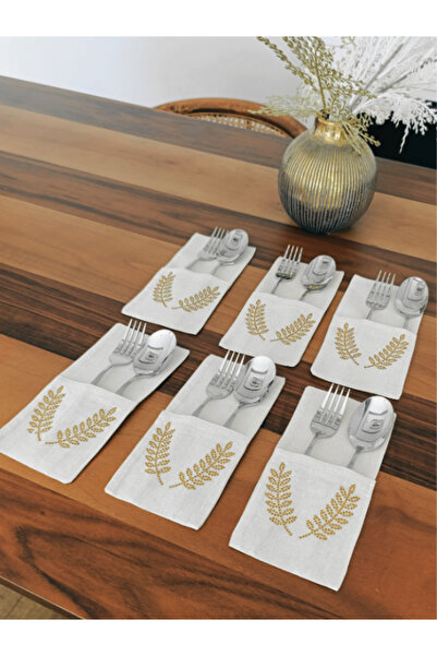 Menar Tasarım Kaşıklık Servis Sunum 6 Adet Başak İşlemeli Bereketin Simgesi Tasarım Çatal Bıçak Kılıfı