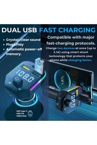 LUVLU Διαμορφωτής FM αυτοκινήτου BT 5.0, Γρήγορος φορτιστής, USB C+USB3.1A, Κιτ αυτοκινήτου handsfree, Φως RGB, Πομπός FM