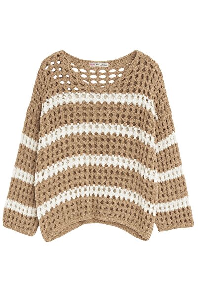 Mixray 6878 Kadın Çizgili Pirinç Triko Hırka Naturel