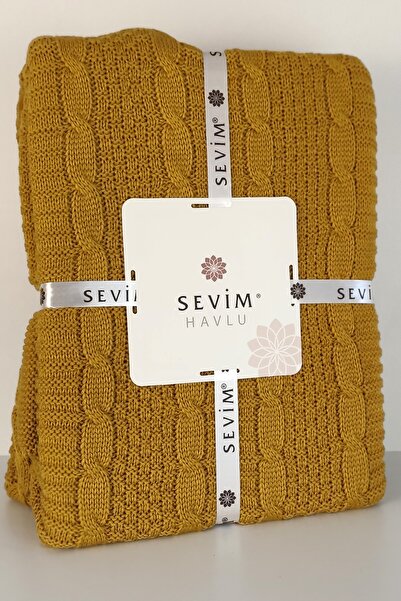 Sevim Pătură tricotată cu pompon dublu - Textura moale și design elegant - Muștar - 220x240 cm