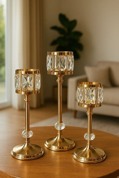 AKSESUAR EVRENİ Dialin Gold 3'lü Mumluk Dekoratif Şamdan Kristal Taşlı Paslan...