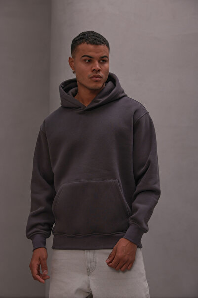 The Champ Clothing Ανδρικό φούτερ oversized με κουκούλα Basic Smoked – με κουκούλα , 3 νήματα Fleece, τσέπη καγκουρό