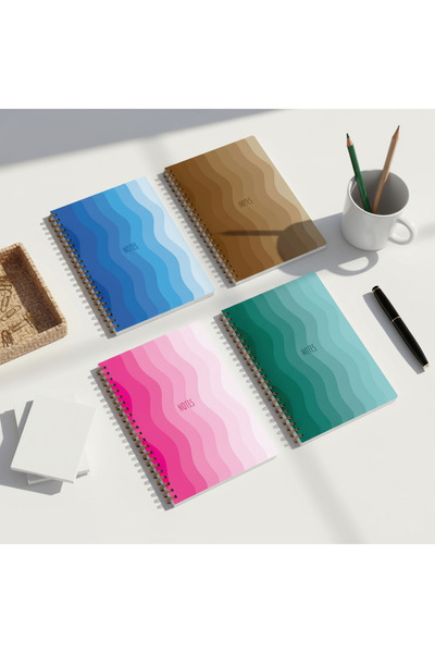 lin notebook A5 15x21 cm 4’lü Spiral Kareli Defter Seti - 80 Yaprak Renkli Dalga Desenli Okul, Not Defter