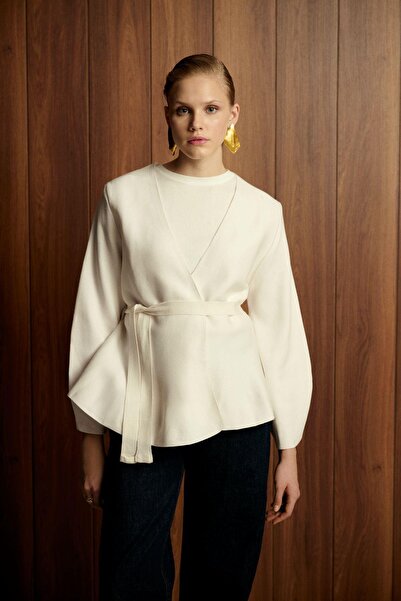 TERZİ DÜKKANI VERA ÇELİK Ö din material subțire CARDIGAN PEPLUM ECRU