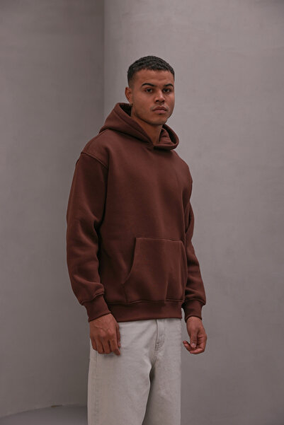 The Champ Clothing Ανδρικό φούτερ oversized με κουκούλα βασικό καφέ – με κουκούλα , 3 κλωστές , τσέπη καγκουρό