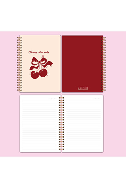 lin notebook A5 15x21 cm 4’lü Spiral Çizgili Defter Seti - 80 Yaprak Kırmızı Kiraz Fiyonk Kalp Okul, Not Defter
