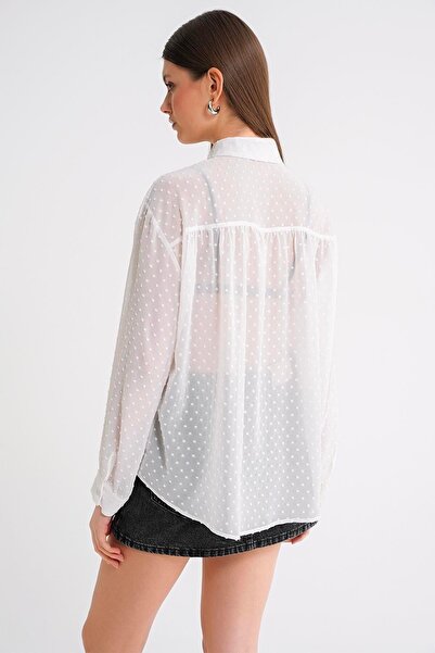 Mixray 4678 Cămașă transparentă de vară cu model subțire pentru femei, albă