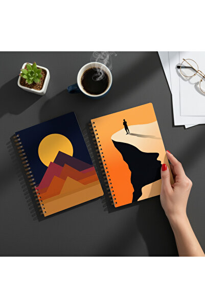 lin notebook A5 Spiral Telli Defter 2’li Set – 80 Yaprak Piramitler ve Silüet İllüstrasyonu Okul Defteri