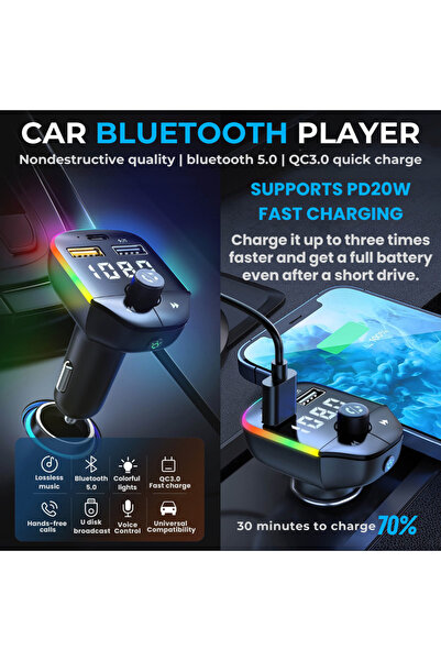LUVLU Modulator FM auto BT 5.0, Încărcător rapid, USB C+USB3.1A, Kit auto handsfree, Lumină RGB, Transmițător FM