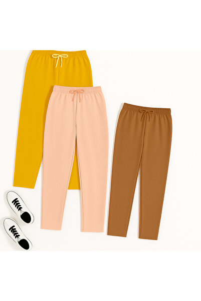 MARKATEM Παντελόνι με λάστιχο στη μέση και κορδόνια, φαρδύ παντελόνι με χτενισμένο βαμβάκι, άνετο, 3 τεμάχια σε συνδυασμό κίτρινο καφέ και εκρού
