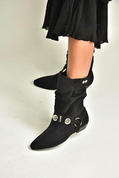 Fox Shoes V380519002 Siyah Süet Düz Tabanlı Rahat Kalıp Kadın Bot