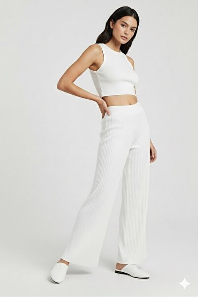 Nitrell Beyaz Bol Paça Yumuşak Lastikli Yüksek Bel Triko Pantolon