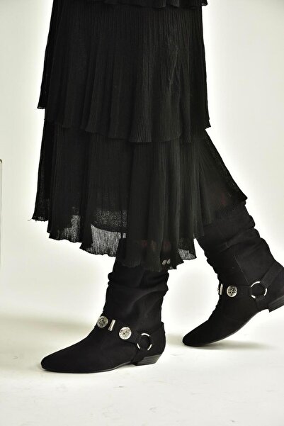 Fox Shoes V380519002 Siyah Süet Düz Tabanlı Rahat Kalıp Kadın Bot