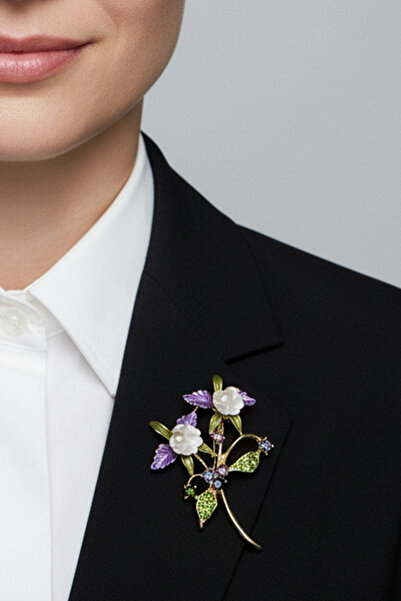 Modex Altın Rengi İnci Taş Detay Çiçek Broş (6cm)