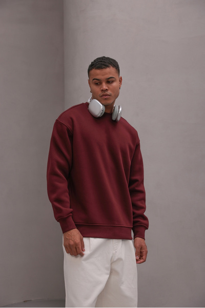 The Champ Clothing Men's Oversized Sweatshirt Basic Claret Red – Crew Neck, 3 Thread Fleece-Lined Fleece