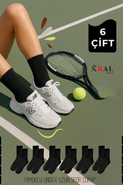 KRAL SOCKS Унисекс черни 6 чифта памучни тенис спортни дълги чорапи