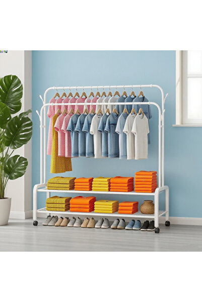 CamelMall Metal Clothes Hanger Organizer and White Clothes Stand with Wheels 110x55x150 cm