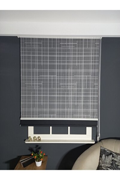 Emir Home Kare Desenli Siyah Storlu Çift Mekanizmalı Tül Stor Perde Güneşlik