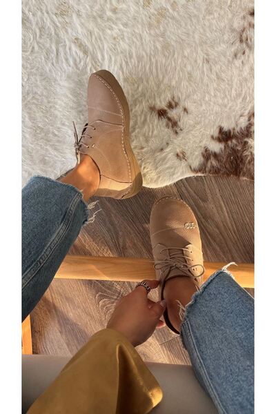 Saracshoes Gerçek Deri Nubuk Kadın Ayakkabı Bej Cotton