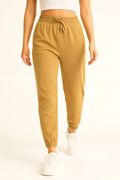 LACHT Pantaloni de sport pentru femei, bej închis, talie înaltă cu fleece în interior