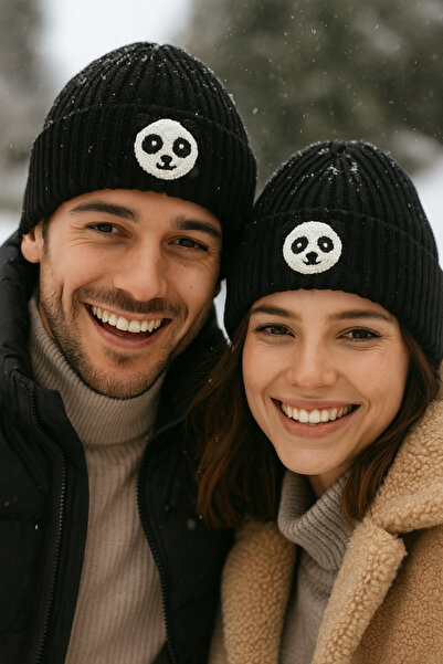 byebruketenci Beretă neagră cu model Panda Punch, pălărie de lână de lux, cad...