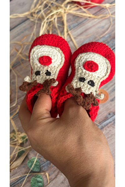 seraskids El Örgüsü Kırmızı Geyik Desenli Unisex Bebek Bot Patik | Koton İp Yılbaşı Konseptli