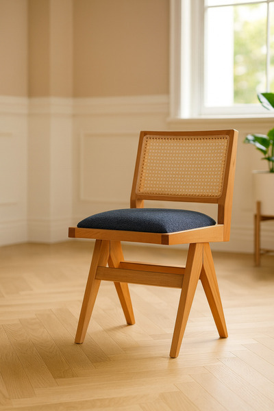 Atolye Casa Form Sandalye Naturel Ahşap Lacivert Kumaş