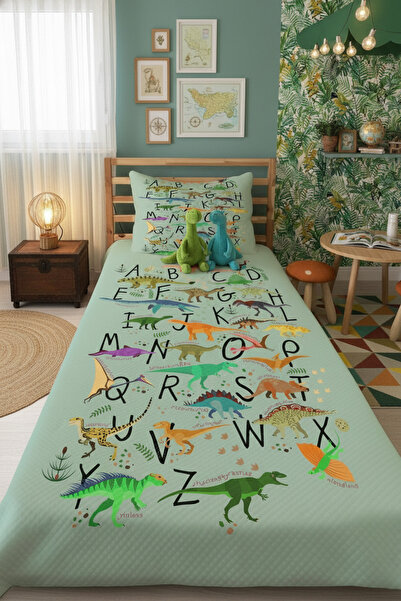 Evmila EVMİLA Dinozor Alfabe Desenli Bebek Ve Çocuk Baskılı Tek Kişilik Pike ...