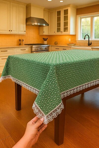 Rona Home Classic and Elegant Green Tablecloth Luxury Lace Edge Detailed Modern Stylish and High Quality Fabric