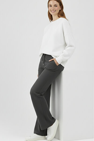 Elemge Pamuklu Kadın Eşofman Altı Yüksek Bel Antrasit Gri Flare Fit Geniş Paça Ipli Cepli Esnek Yumuşak