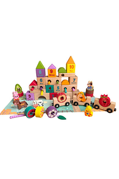 OEM Educational wooden game with cubes, magnetic wagons, numbers, fruits and animals Farm Blocks