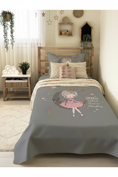 Evmila Aykız Desenli Bebek Ve Çocuk Baskılı Tek Kişilik Pike Takımı 160x230 Gri