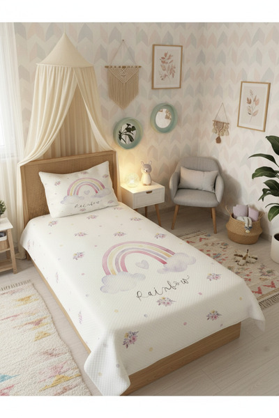 Evmila Gökkuşağı Desenli Bebek Ve Çocuk Baskılı Tek Kişilik Pike Takımı 160x2...
