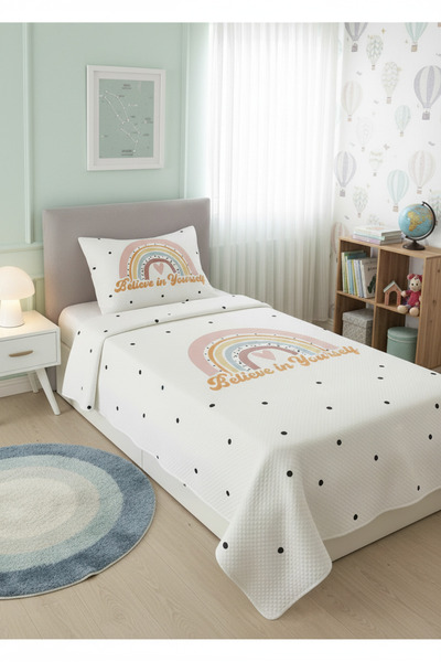 Evmila Gökkuşağı Desenli, Baskılı Tek Kişilik ve Çocuk Pike Takımı