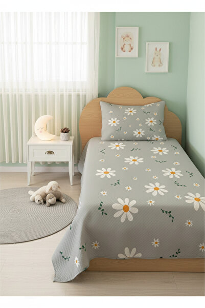 Evmila EVMİLA Papatya Desenli Bebek Ve Çocuk Baskılı Tek Kişilik Pike Takımı 160x230 Gri