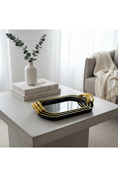 Living طقم تباسي 3 ح مستطيل ، لون أسود فخم مع لمسة ذهبية .